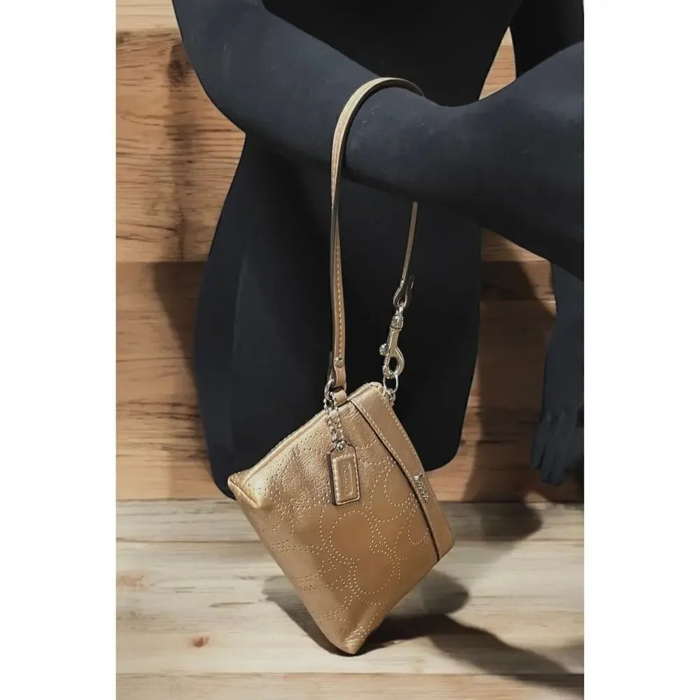 Coach Metallic Bronze Leather Perforated Wristlet